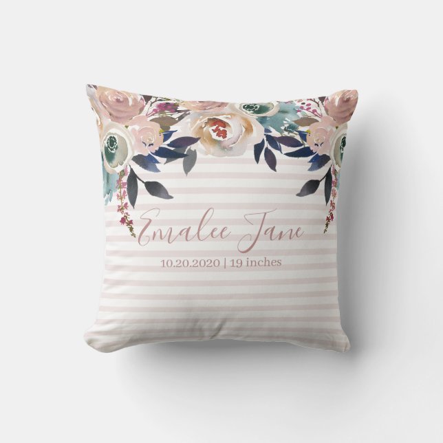 Coussin Rose Fleurie Personnalisé pour Nouveau-Né Féminin (Recto)