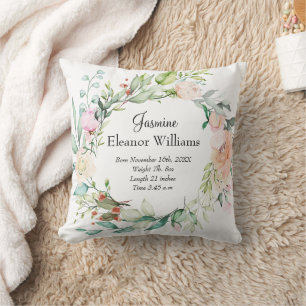 Coussin Rose Floral Garland Baby Stats de naissance