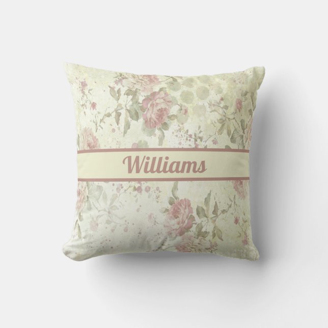 Coussin Rose Floral Rose Monogramme Shabby Chic Vert Rose (Recto)