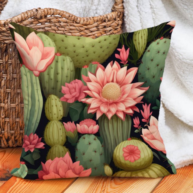 Coussin Rose Floral Vert Cactus Noir Désert Bohème (Desert cactus pink flowers succulents on black pillow)