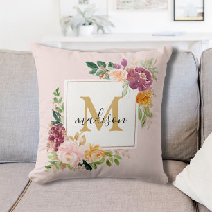 Coussin Rose florale botanique élégante à l'aquarelle et m