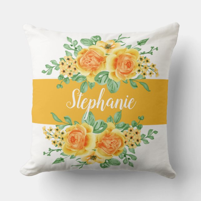 Coussin Rose florale jaune orange élégante personnalisée  (Recto)