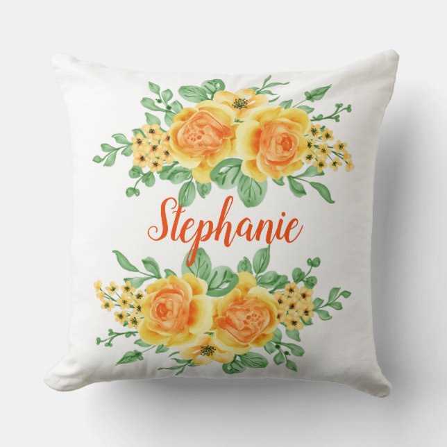 Coussin Rose florale orange jaune élégante personnalisée  (Recto)
