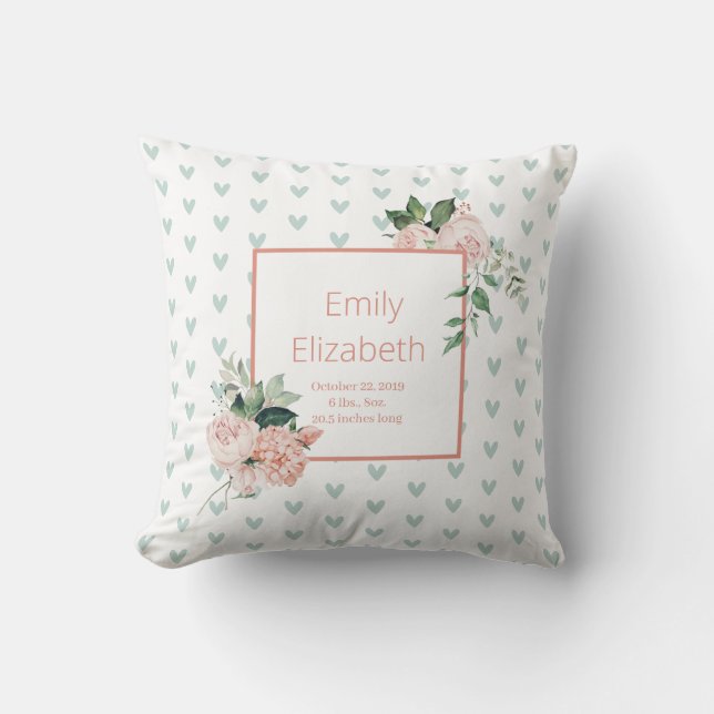 Coussin Rose Florale Vert Sauge Aquarelle Fille Bébé Flora (Recto)