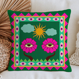 Coussin Rose Fuchsia et Vert Émeraude Mauvais Œil Funky