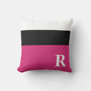 Coussin Rose Fuchsia Noir et Blanc Bloc de Couleur Monogra