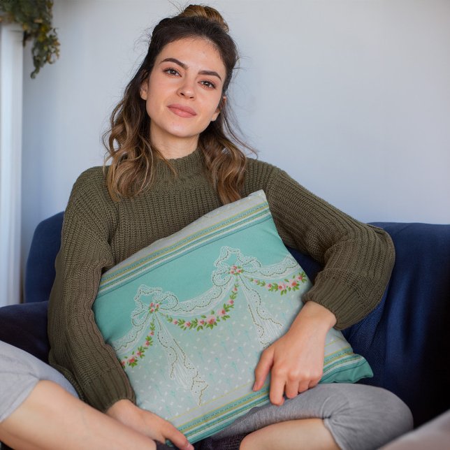 Coussin Rose Garlands Lacy Swags Bow Knows Homedécor (mockup of a woman holding a Roses Garlands Lacy Swags Bow Knots Homedecor Throw Pillow)