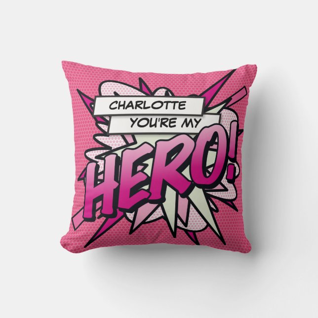 Coussin Rose Girly HERO Funny Modern Cool Comédie Livre (Recto)