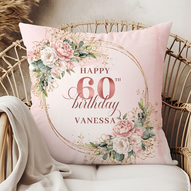 Coussin Rose Gold Adorable Brillante Feuillage 60 ans (Adorable Rose Gold Shimmering Greenery 60th birthday pillow)
