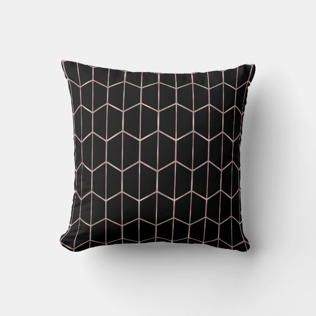 Coussin Rose Gold & Black Chic Hexagone Géométrique Glam (Recto)