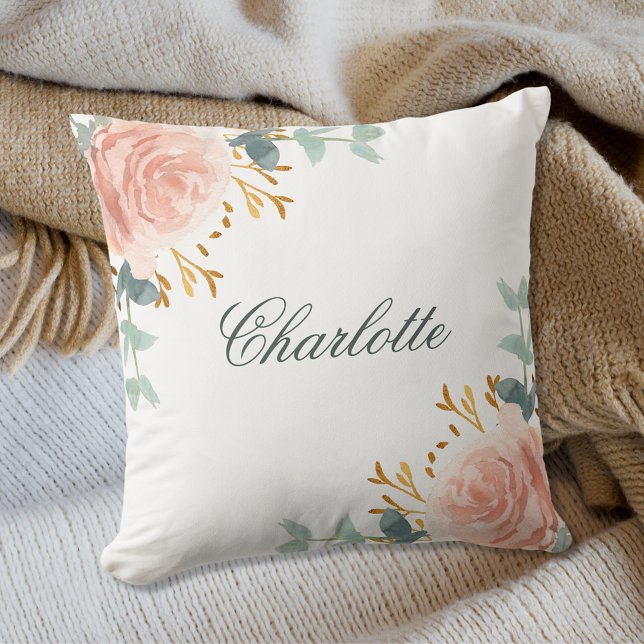 Coussin Rose gold blush fleurs verdure nom script (Créateur téléchargé)