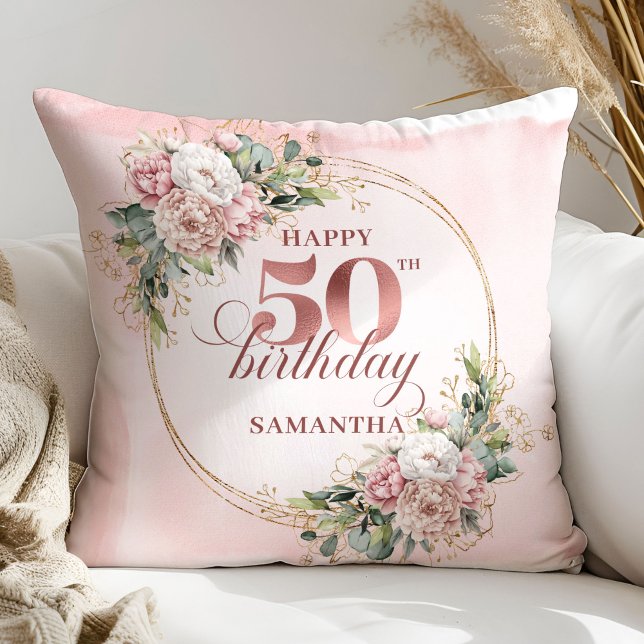 Coussin Rose Gold Blush Floral Greenery 50e Anniversaire  (Rose Gold Blush Floral Greenery 50th Birthday Pillow Gift)