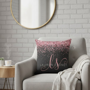 Coussin Rose Gold & Blush Pink Paillettes Glam Monogramme 