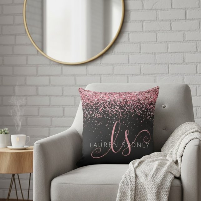 Coussin Rose Gold & Blush Pink Paillettes Glam Monogramme  (Créateur téléchargé)