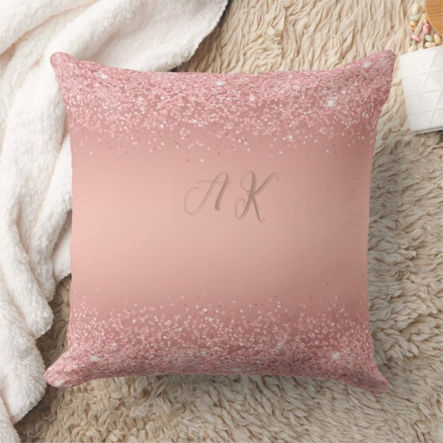 Coussin Rose Gold Élégant Luxe Monogramme Pailleté (Couverture)