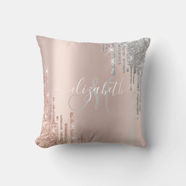 Coussin Rose Gold Élégant,Paillettes Argentées Monogramme (Recto)