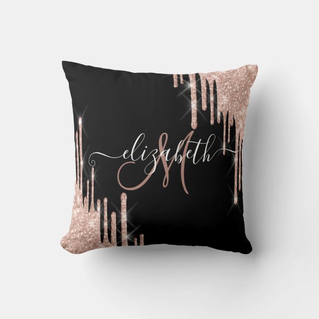 Coussin Rose Gold Élégant Paillettes en Gouttes Monogramme (Recto)