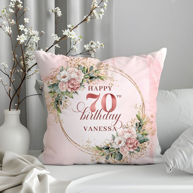 Coussin Rose Gold Eucalyptus Floral Pillow 70th Birthday  (Rose Gold Eucalyptus Floral Pillow 70th Birthday Pillow)