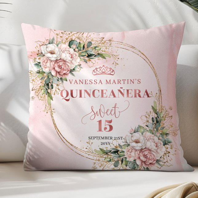 Coussin Rose Gold Floral Eucalyptus Quinceañera Gift (Rose Gold Floral Eucalyptus Quinceañera Pillow Gift)