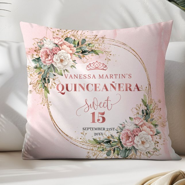 Coussin Rose Gold Floral Eucalyptus Quinceañera Pillow (Elegant Rose Gold Floral Quinceañera 15th Birthday Pillow)