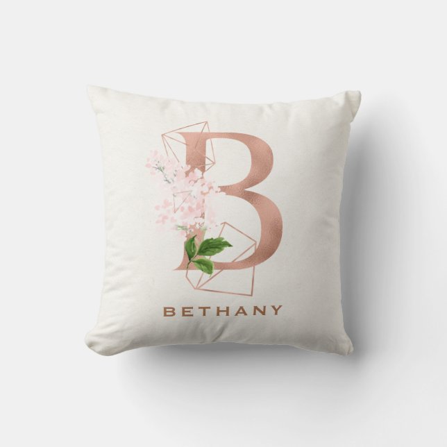 Coussin Rose Gold Floral Initial Personnalisé   Thro (Recto)