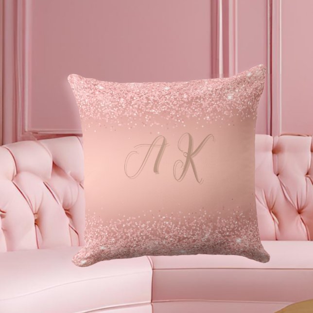 Coussin Rose Gold Luxe Brillante Monogramme Élégant (A chic housewarming or birthday gift —personalized with her initial in luxe rose gold shimmer.)