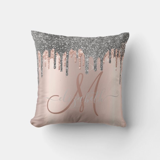 Coussin Rose Gold Moderne Monogramme avec Gouttes de Paill (Recto)