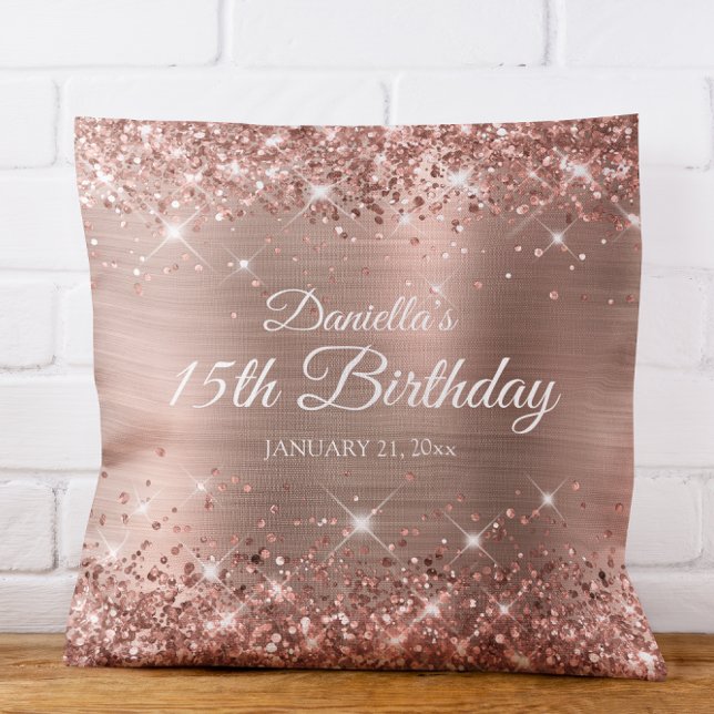 Coussin Rose Gold Pailleté 15e Anniversaire (Glittery Rose Gold Foil 15th Birthday Throw Pillow)