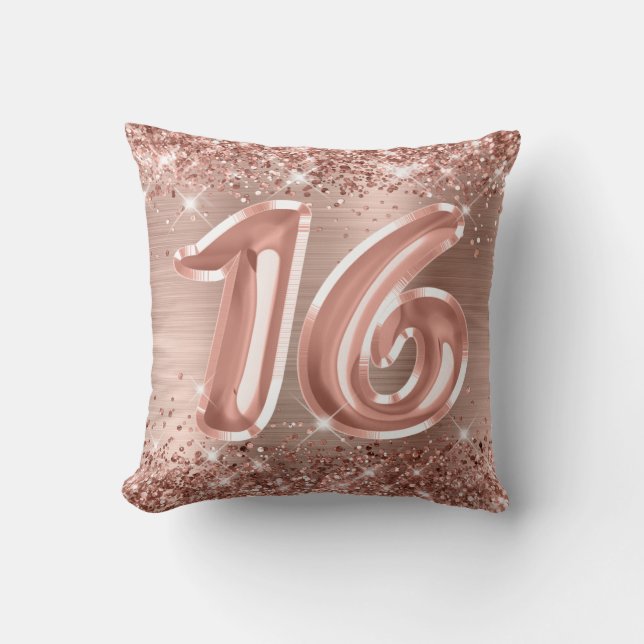Coussin Rose Gold Pailleté Anniversaire 16 Ans (Recto)
