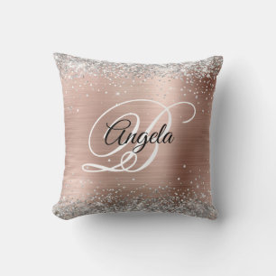 Coussin Rose Gold Pailleté Argenté Monogramme Fantaisie