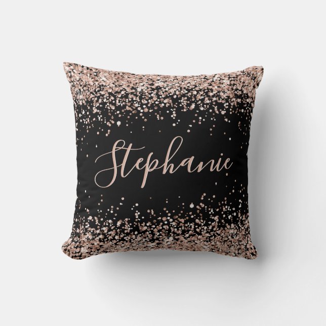 Coussin Rose Gold Parties scintillant Noir Nom personnalis (Recto)
