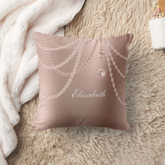 Coussin Rose Gold Perles Diamants Bling Glam Monogramme (Couverture)
