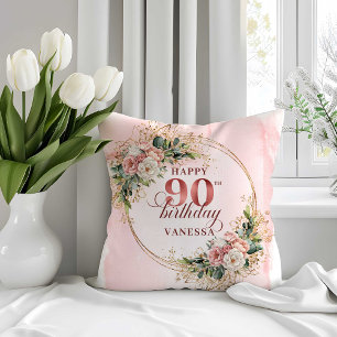 Coussin Rose Gold Poussiéreux Fleurs Rose 90e Anniversaire