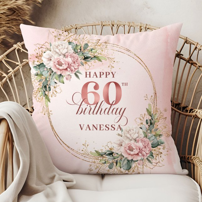 Coussin Rose Gold Premium Végétal Aquarelle 60 ans (Premium Rose Gold Greenery Watercolor 60th birthday pillow)