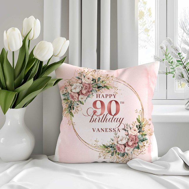 Coussin Rose Gold Rose Clair Floral 90e Anniversaire Couss (Rose Gold Light Pink Floral 90th Birthday Pillow)
