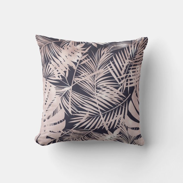 Coussin Rose Gold Rose Foncé Feuilles de Palmier Tropical (Recto)