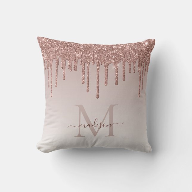 Coussin Rose Gold Rose Pailleté Glam Monogramme Script (Recto)
