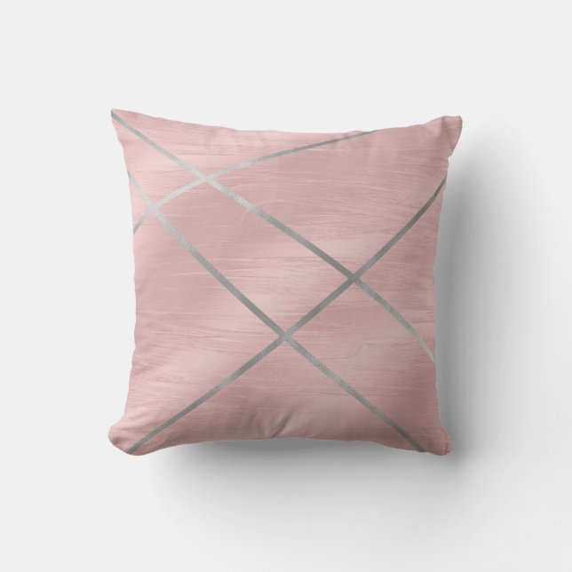 Coussin Rose Gold Rose Pâle et Lignes Argentées (Recto)