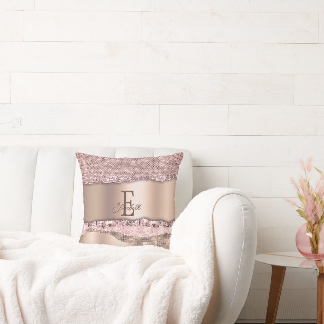 Coussin Rose Gold Tendance Diamants Paillettes Monogramme (Canapé)