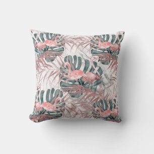 Coussin Rose Gold Tropical Flamants roses Feuilles et marb