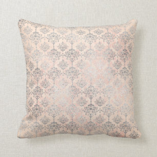 Coussin Rose gris d'argent de damassé saumonée de corail