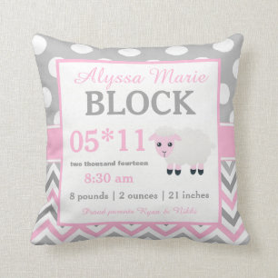 Coussin rose gris de faire-part de bébé de moutons