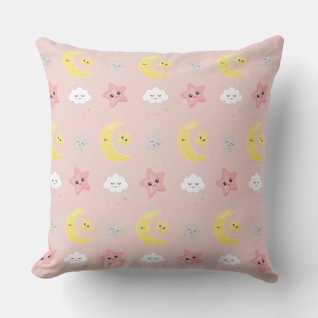 COUSSIN ROSE GRIS JAUNE BÉBÉ ÉLÉPHANTS LUNES ÉTOILES (Recto)
