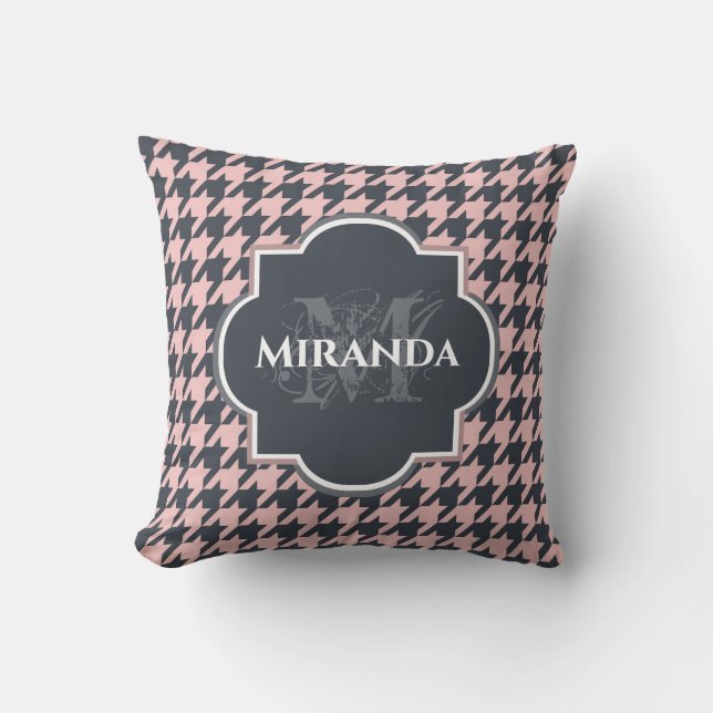 Coussin Rose Houndstooth Noir Monogramme Nom (Recto)