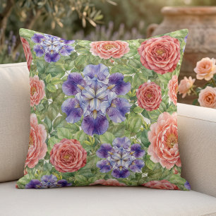 Coussin Rose Iris Pivoine de jardin romantique à l'aquarel