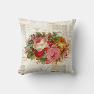 Coussin Rose jaune Rose Vintage Français Texte Jeter Oreil