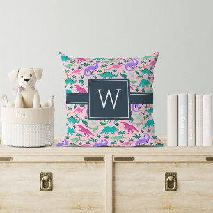 Coussin Rose Joli Motif Dinosaure coloré Monogramme enfa