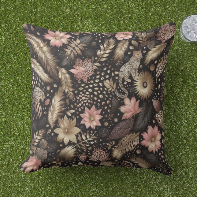Coussin Rose jungle, or et léopard noir  (Herbe)