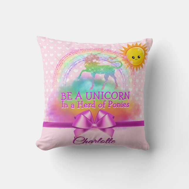 Coussin Rose magique de citation de licorne d'arc-en-ciel (Recto)