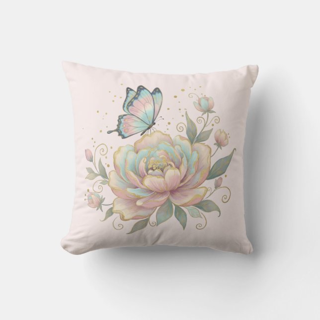 Coussin Rose Magique et Papillon Couleurs Pastel (Recto)